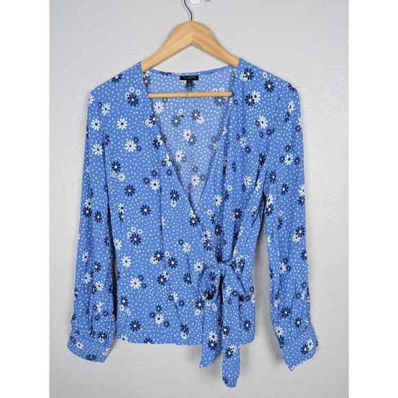 Talbots Blue Floral Wrap Top Poet Sleeve Blouse Small - Picture 2 of 9